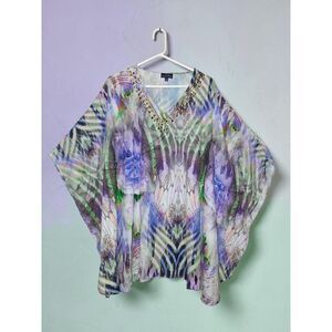 Fig & Vine Purple Green Floral Abstract Studded V-Neck Kaftan Tunic Top 2X